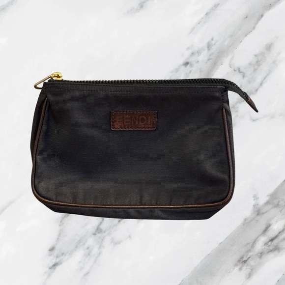 Fendi Authentic Vintage Black Nylon Cosmetic Bag Case Pouch with Leather Trim - Picture 1 of 9